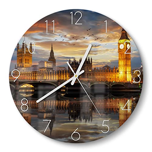 DEQORI Glasuhr | rund Ø 30 cm | Motiv Londoner Abendkulisse | ausgefallene leise Design Uhr aus Glas | Wanduhr für Wohnzimmer & Küche | Moderne Hingucker Uhr für die Wand von DEQORI