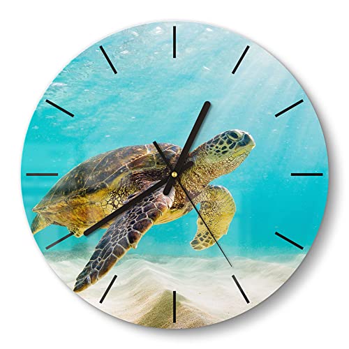 DEQORI Glasuhr | rund Ø 30 cm | Motiv Schildkröte unter Wasser | ausgefallene leise Design Uhr aus Glas | Wanduhr für Wohnzimmer & Küche | Moderne Hingucker Uhr für die Wand von DEQORI