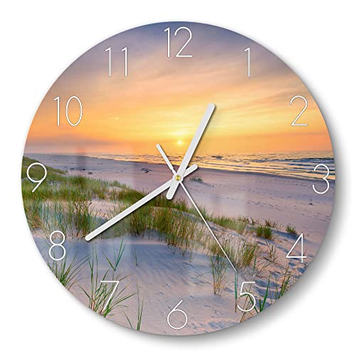 DEQORI Glasuhr | rund Ø 30 cm | Motiv Sonne sinkt über Ostsee | ausgefallene leise Design Uhr aus Glas | Wanduhr für Wohnzimmer & Küche | Moderne Hingucker Uhr für die Wand von DEQORI