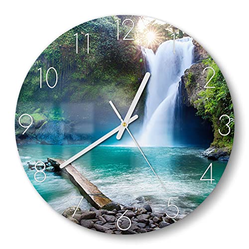 DEQORI Glasuhr | rund Ø 30 cm | Motiv Tegenungan Wasserfall | ausgefallene leise Design Uhr aus Glas | Wanduhr für Wohnzimmer & Küche | Moderne Hingucker Uhr für die Wand von DEQORI
