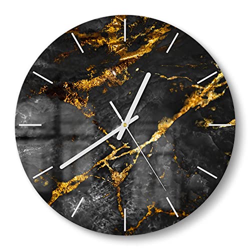 DEQORI Glasuhr | rund Ø 30 cm | Motiv Veredelter Naturstein | ausgefallene leise Design Uhr aus Glas | Wanduhr für Wohnzimmer & Küche | Moderne Hingucker Uhr für die Wand von DEQORI
