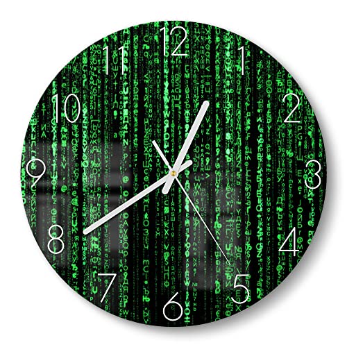 DEQORI Glasuhr | rund Ø 30 cm | Motiv Verschlüsselter Code | ausgefallene leise Design Uhr aus Glas | Wanduhr für Wohnzimmer & Küche | Moderne Hingucker Uhr für die Wand von DEQORI