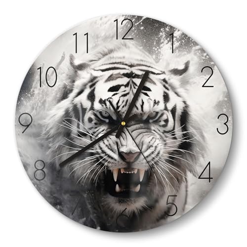 DEQORI Glasuhr | rund Ø 30 cm | Motiv Wasserschlag des Tigers | ausgefallene leise Design Uhr aus Glas | Wanduhr für Wohnzimmer & Küche | Moderne Hingucker Uhr für die Wand von DEQORI