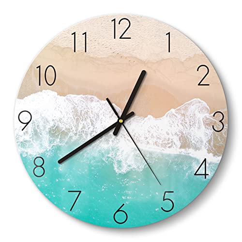 DEQORI Glasuhr | rund Ø 30 cm | Motiv Wellen brechen am Strand | ausgefallene leise Design Uhr aus Glas | Wanduhr für Wohnzimmer & Küche | Moderne Hingucker Uhr für die Wand von DEQORI