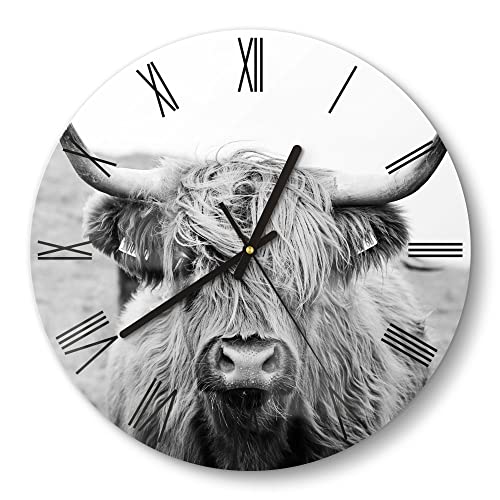 DEQORI Glasuhr | rund Ø 30 cm | Motiv Zotteliges Hochlandrind | ausgefallene leise Design Uhr aus Glas | Wanduhr für Wohnzimmer & Küche | Moderne Hingucker Uhr für die Wand von DEQORI