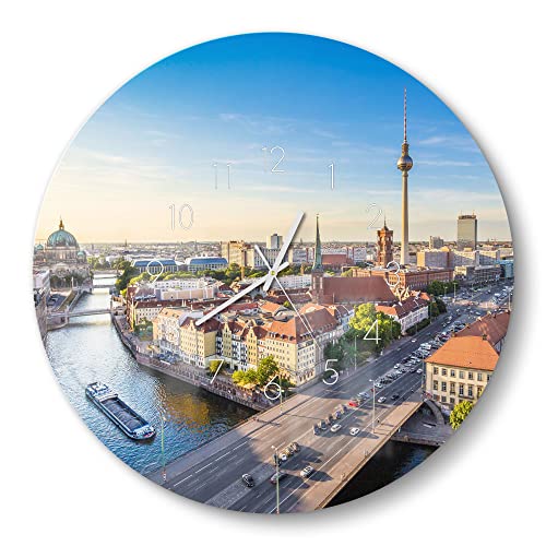 DEQORI Glasuhr | rund Ø 50 cm | Motiv Berlin aus der Luft | große XXL Design Uhr aus Glas | leise Wanduhr für Wohnzimmer & Küche | Moderne Hingucker Uhr für die Wand von DEQORI