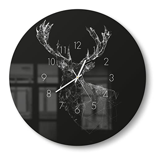 DEQORI Glasuhr | rund Ø 50 cm | Motiv Digitalisierter Hirsch | große XXL Design Uhr aus Glas | leise Wanduhr für Wohnzimmer & Küche | Moderne Hingucker Uhr für die Wand von DEQORI