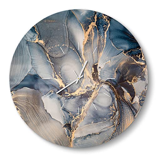 DEQORI Glasuhr | rund Ø 50 cm | Motiv Marmor-Farbspiel mit Gold | große XXL Design Uhr aus Glas | leise Wanduhr für Wohnzimmer & Küche | Moderne Hingucker Uhr für die Wand von DEQORI
