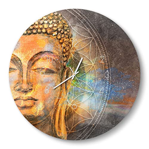 DEQORI Glasuhr | rund Ø 50 cm | Motiv Meditierender Buddha | große XXL Design Uhr aus Glas | leise Wanduhr für Wohnzimmer & Küche | Moderne Hingucker Uhr für die Wand von DEQORI