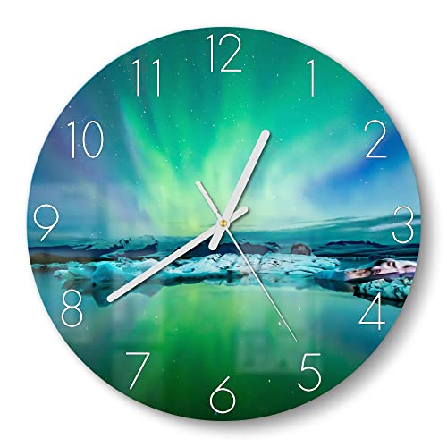 DEQORI Glasuhr | rund Ø 30 cm | Motiv Leuchtendes Polarlicht | ausgefallene leise Design Uhr aus Glas | Wanduhr für Wohnzimmer & Küche | Moderne Hingucker Uhr für die Wand von DEQORI