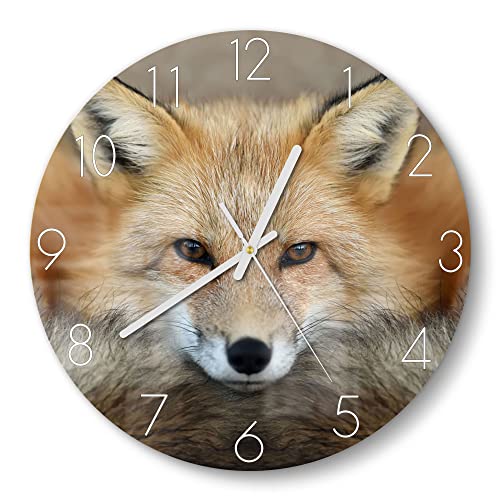 DEQORI Glasuhr | rund Ø 30 cm | Motiv Reineke, der Fuchs | ausgefallene leise Design Uhr aus Glas | Wanduhr für Wohnzimmer & Küche | Moderne Hingucker Uhr für die Wand von DEQORI
