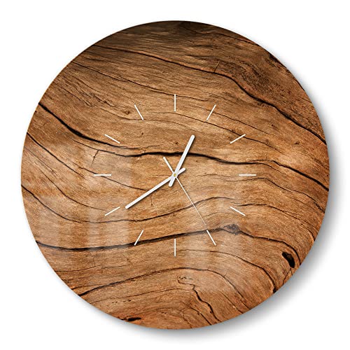 DEQORI Glasuhr | rund Ø 50 cm | Motiv Detaillierte Holzmaserung | große XXL Design Uhr aus Glas | leise Wanduhr für Wohnzimmer & Küche | Moderne Hingucker Uhr für die Wand von DEQORI