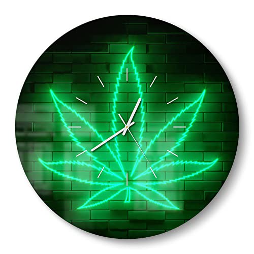 DEQORI Glasuhr | rund Ø 50 cm | Motiv Leuchtsymbol Hanfblatt | große XXL Design Uhr aus Glas | leise Wanduhr für Wohnzimmer & Küche | Moderne Hingucker Uhr für die Wand von DEQORI