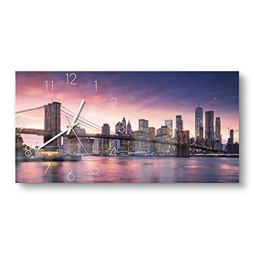 DEQORI Glasuhr | vertikal 60x30 cm | Motiv Brooklyn Bridge Abendröte | große XXL Design Uhr aus Glas | leise Wanduhr für Wohnzimmer & Küche | Moderne Hingucker Uhr für die Wand von DEQORI