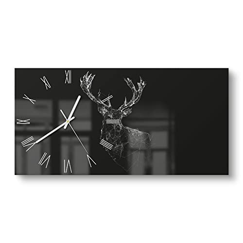 DEQORI Glasuhr | vertikal 60x30 cm | Motiv Digitalisierter Hirsch | große XXL Design Uhr aus Glas | leise Wanduhr für Wohnzimmer & Küche | Moderne Hingucker Uhr für die Wand von DEQORI
