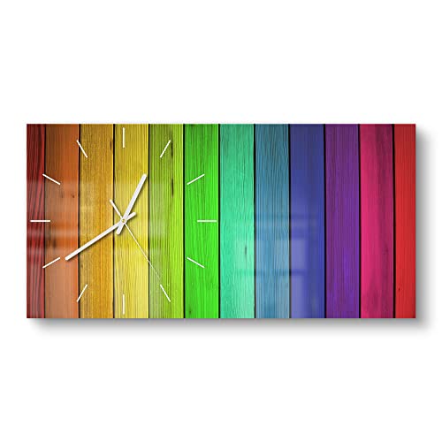 DEQORI Glasuhr | vertikal 60x30 cm | Motiv Farbige Holzlatten | große XXL Design Uhr aus Glas | leise Wanduhr für Wohnzimmer & Küche | Moderne Hingucker Uhr für die Wand von DEQORI