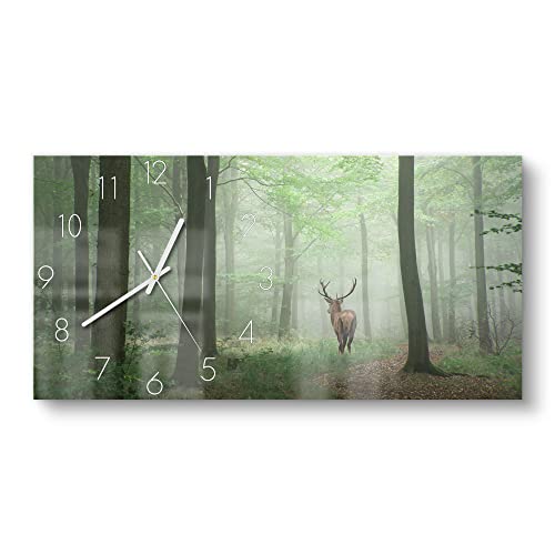 DEQORI Glasuhr | vertikal 60x30 cm | Motiv Hirsch zwischen Bäumen | große XXL Design Uhr aus Glas | leise Wanduhr für Wohnzimmer & Küche | Moderne Hingucker Uhr für die Wand von DEQORI