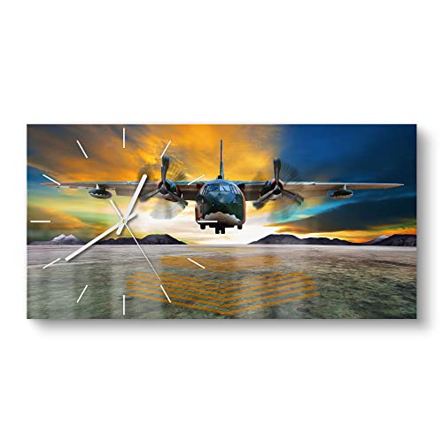 DEQORI Glasuhr | vertikal 60x30 cm | Motiv Landendes Flugzeug | große XXL Design Uhr aus Glas | leise Wanduhr für Wohnzimmer & Küche | Moderne Hingucker Uhr für die Wand von DEQORI