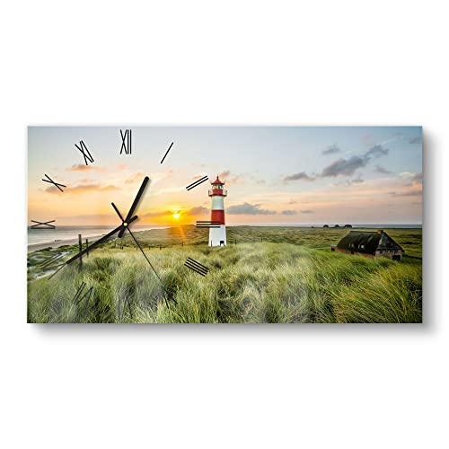DEQORI Glasuhr | vertikal 60x30 cm | Motiv Leuchtturmliebe | große XXL Design Uhr aus Glas | leise Wanduhr für Wohnzimmer & Küche | Moderne Hingucker Uhr für die Wand von DEQORI