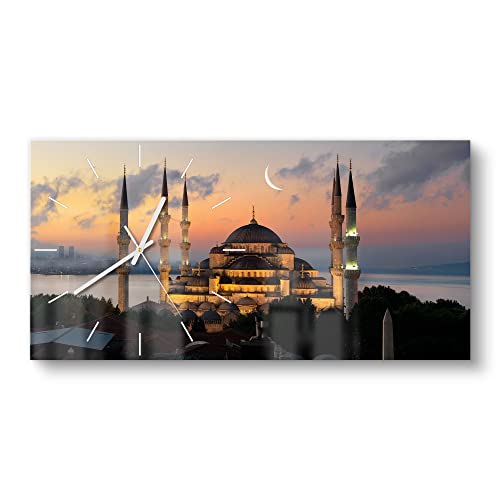 DEQORI Glasuhr | vertikal 60x30 cm | Motiv Mondsichel über Moschee | große XXL Design Uhr aus Glas | leise Wanduhr für Wohnzimmer & Küche | Moderne Hingucker Uhr für die Wand von DEQORI
