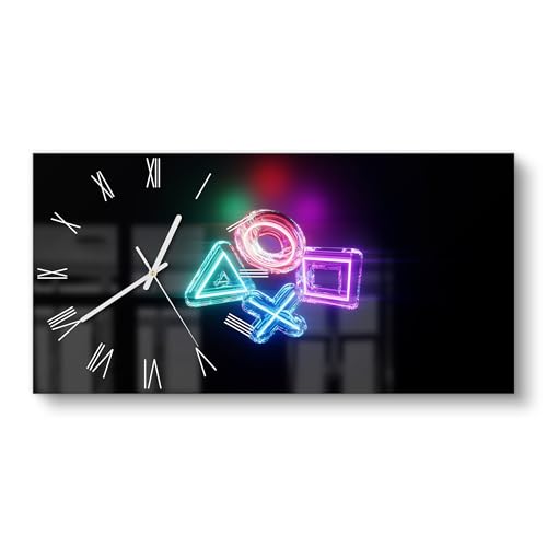 DEQORI Glasuhr | vertikal 60x30 cm | Motiv Neon Gaming Symbole | große XXL Design Uhr aus Glas | leise Wanduhr für Wohnzimmer & Küche | Moderne Hingucker Uhr für die Wand von DEQORI