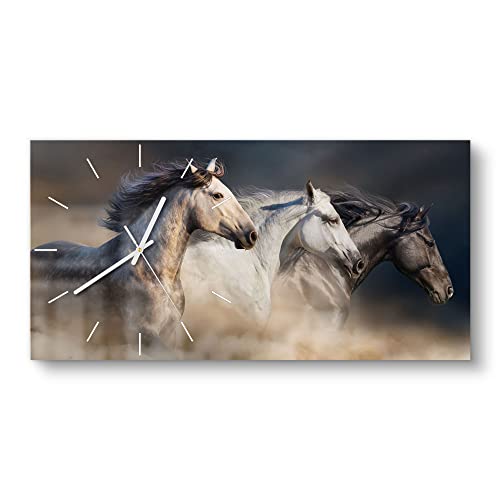 DEQORI Glasuhr | vertikal 60x30 cm | Motiv Pferde-Trio im Galopp | große XXL Design Uhr aus Glas | leise Wanduhr für Wohnzimmer & Küche | Moderne Hingucker Uhr für die Wand von DEQORI