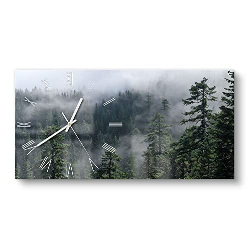 DEQORI Glasuhr | vertikal 60x30 cm | Motiv Tannenspitzen im Nebel | große XXL Design Uhr aus Glas | leise Wanduhr für Wohnzimmer & Küche | Moderne Hingucker Uhr für die Wand von DEQORI