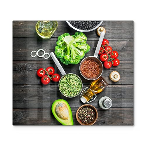 DEQORI Herdabdeckplatte Glas | einteilig 60x52 cm | Motiv "Gesunde Nahrungsmittel" | Ceranfeld Abdeckplatte für Küche | Herd-Abdeckung universal | Glasplatte & Schneidebrett für Kochplatten von DEQORI