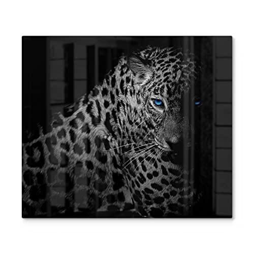 DEQORI Herdabdeckplatte Glas | einteilig 60x52 cm | Motiv "Leopard mit blauen Augen" | Ceranfeld Abdeckplatte für Küche | Herd-Abdeckung universal | Glasplatte & Schneidebrett für Kochplatten von DEQORI