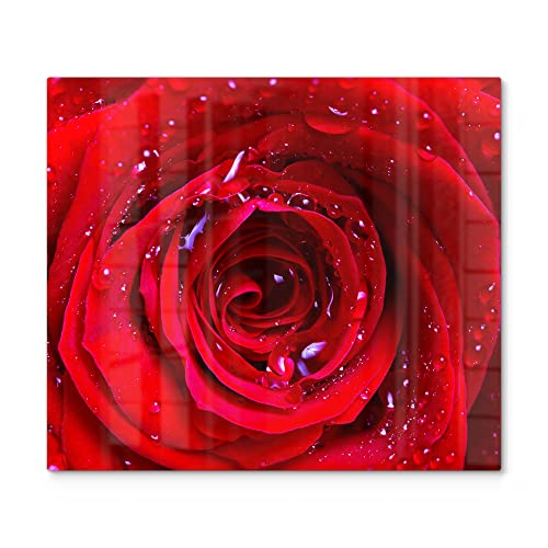 DEQORI Herdabdeckplatte Glas | einteilig 60x52 cm | Motiv "Rose mit Wasserperlen" | Ceranfeld Abdeckplatte für Küche | Herd-Abdeckung universal | Glasplatte & Schneidebrett für Kochplatten von DEQORI