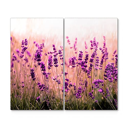 DEQORI Herdabdeckplatten Glas | 2er Set 60x52 cm | Motiv "Lavendelblüten im Regen" | Ceranfeld Abdeckplatten in Küche | Herd-Abdeckungen universal | Glasplatten & Schneidebretter für Kochplatte von DEQORI