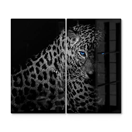 DEQORI Herdabdeckplatten Glas | 2er Set 60x52 cm | Motiv "Leopard mit blauen Augen" | Ceranfeld Abdeckplatten in Küche | Herd-Abdeckungen universal | Glasplatten & Schneidebretter für Kochplatte von DEQORI