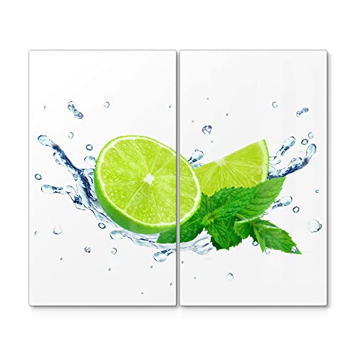 DEQORI Herdabdeckplatten Glas | 2er Set 60x52 cm | Motiv "Limette fällt ins Wasser" | Ceranfeld Abdeckplatten in Küche | Herd-Abdeckungen universal | Glasplatten & Schneidebretter für Kochplatte von DEQORI