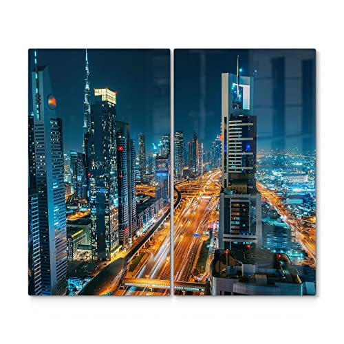 DEQORI Herdabdeckplatten Glas | 2er Set 60x52 cm | Motiv "Schlafloses Dubai" | Ceranfeld Abdeckplatten in Küche | Herd-Abdeckungen universal | Glasplatten & Schneidebretter für Kochplatte von DEQORI