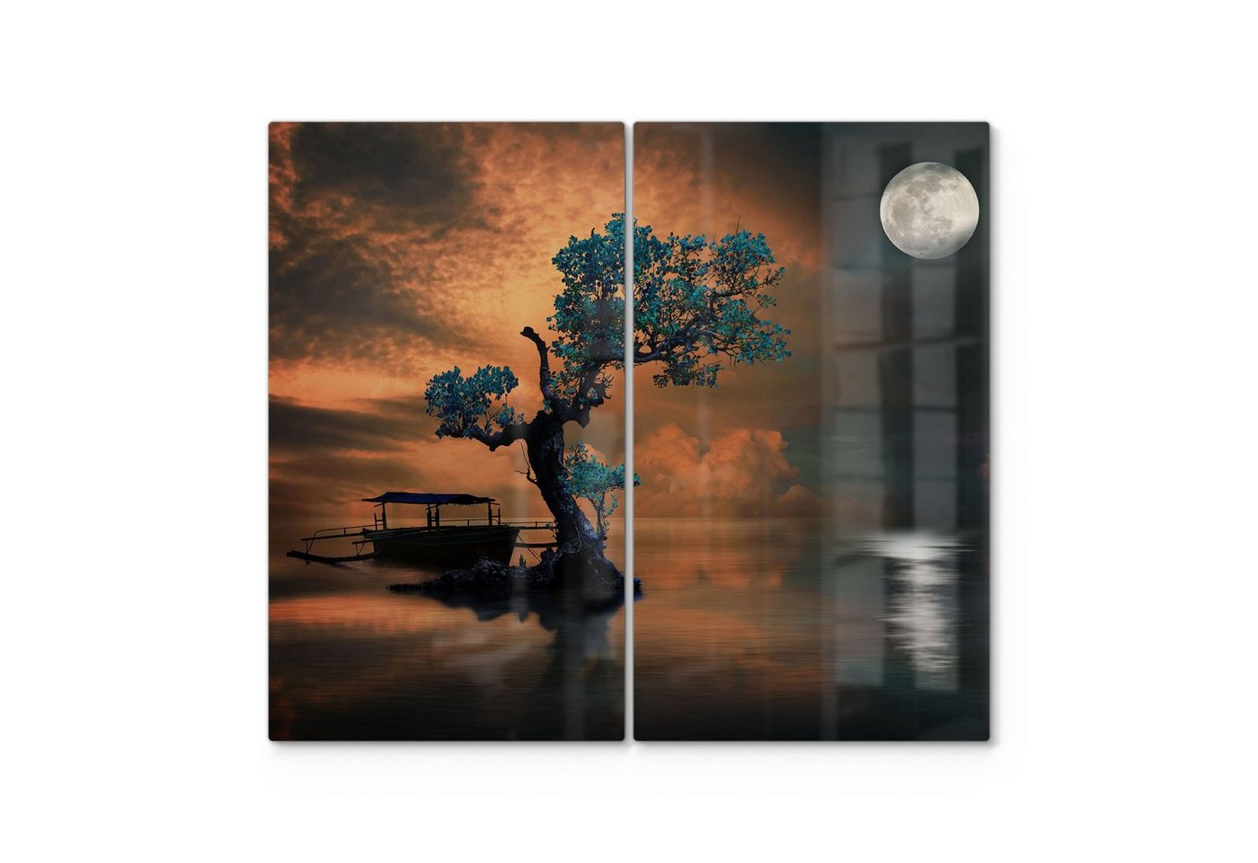 DEQORI Herdblende-/Abdeckplatte 'Einsamer Baum und Mond', Glas, (2 tlg), Glas Herdabdeckplatte Ceranfeld Herd von DEQORI