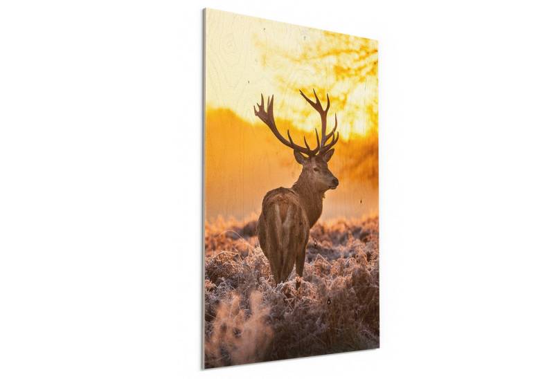 DEQORI Holzbild 'Hirsch am Wintermorgen', Bild auf Holz natürliches Wandbild Kunstdruck modern Wohnzimmer Design DEQORI Holzbild 'Hirsch am Wintermorgen', Bild auf Holz natürliches Wandbild Kunstdruck modern Wohnzimmer Design von DEQORI