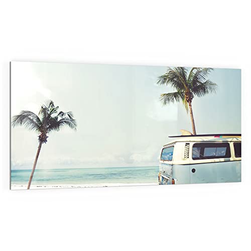 DEQORI Küchenrückwand Glas | Motiv Surfer-Bus am Strand | 100x50 cm | Bad- oder Herd-Rückwand | Herdblende Spritzschutz für Küche & Badezimmer | Moderne Deko für Fliesenspiegel von DEQORI