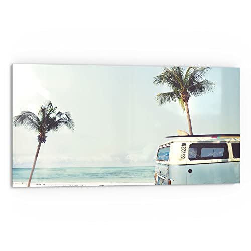 DEQORI Küchenrückwand Glas | Motiv Surfer-Bus am Strand | 80x40 cm | Bad- oder Herd-Rückwand | Herdblende Spritzschutz für Küche & Badezimmer | Moderne Deko für Fliesenspiegel von DEQORI