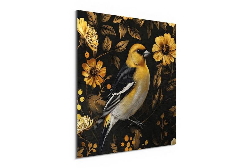 DEQORI Metallbild 'Goldfink im Blütenmuster', Alu Dibond Bild Aluminium Aluverbundplatte Design Wandbild Aludibond von DEQORI