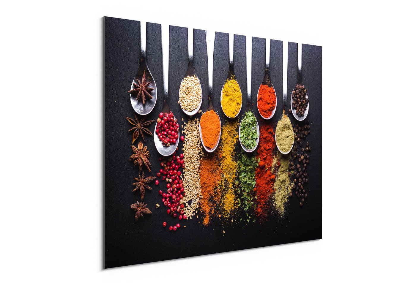 DEQORI Metallbild 'Kochlöffel mit Gewürzen', Alu Dibond Bild Aluminium Aluverbundplatte Design Wandbild Aludibond DEQORI Metallbild 'Kochlöffel mit Gewürzen', Alu Dibond Bild Aluminium Aluverbundplatte Design Wandbild Aludibond von DEQORI