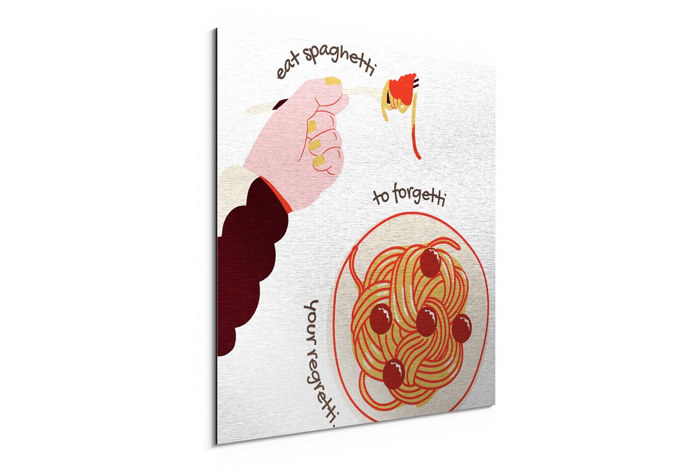 DEQORI Metallbild 'Spaghetti gegen Sorgen', Alu Dibond Bild Aluminium Aluverbundplatte Design Wandbild Aludibond DEQORI Metallbild 'Spaghetti gegen Sorgen', Alu Dibond Bild Aluminium Aluverbundplatte Design Wandbild Aludibond von DEQORI