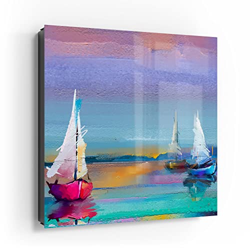 DEQORI Schlüsselkasten schwarz | 30x30 cm | Motiv DREI Bunte Segelboote | Glas & Metall Schlüssel-Box | Schlüsselschrank mit 50 Haken + 2 Magnete | Moderne Box magnetisch & beschreibbar von DEQORI