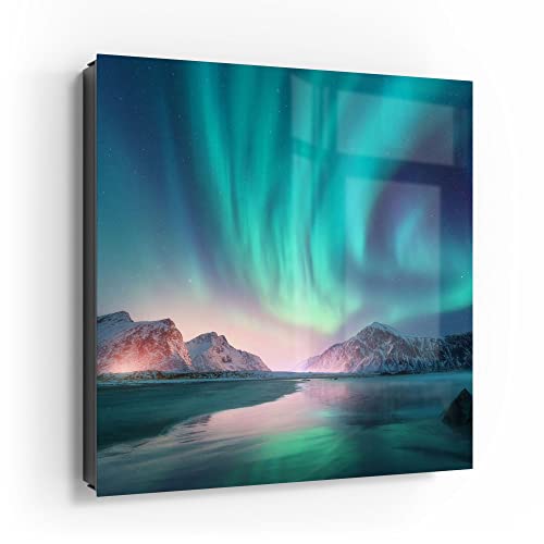 DEQORI Schlüsselkasten schwarz | 30x30 cm | Motiv Das Nordlicht der Lofoten | Glas & Metall Schlüssel-Box | Schlüsselschrank mit 50 Haken + 2 Magnete | Moderne Box magnetisch & beschreibbar von DEQORI