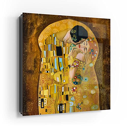 DEQORI Schlüsselkasten schwarz | 30x30 cm | Motiv Der Kuss von Gustav Klimt | Glas & Metall Schlüssel-Box | Schlüsselschrank mit 50 Haken + 2 Magnete | Moderne Box magnetisch & beschreibbar von DEQORI