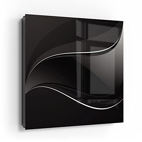DEQORI Schlüsselkasten schwarz | 30x30 cm | Motiv Dunkle Wellengrafik | Glas & Metall Schlüssel-Box | Schlüsselschrank mit 50 Haken + 2 Magnete | Moderne Box magnetisch & beschreibbar von DEQORI