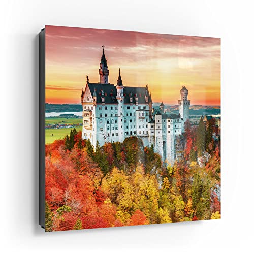 DEQORI Schlüsselkasten schwarz | 30x30 cm | Motiv Schloss Neuschwanstein | Glas & Metall Schlüssel-Box | Schlüsselschrank mit 50 Haken + 2 Magnete | Moderne Box magnetisch & beschreibbar von DEQORI