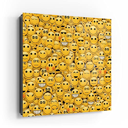 DEQORI Schlüsselkasten schwarz | 30x30 cm | Motiv Vielzahl von Smileys | Glas & Metall Schlüssel-Box | Schlüsselschrank mit 50 Haken + 2 Magnete | Moderne Box magnetisch & beschreibbar von DEQORI