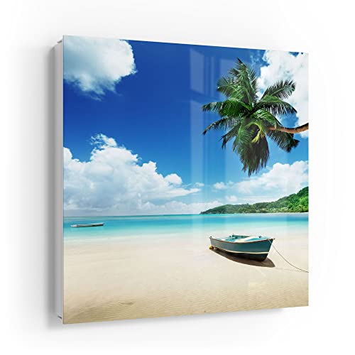 DEQORI Schlüsselkasten weiß | 30x30 cm | Motiv Boot im seichten Wasser | Glas & Metall Schlüssel-Box | Schlüsselschrank mit 50 Haken + 2 Magnete | Moderne Design Box magnetisch & beschreibbar von DEQORI