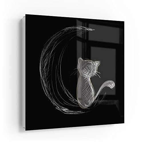 DEQORI Schlüsselkasten weiß | 30x30 cm | Motiv Die Katze und der Mond | Glas & Metall Schlüssel-Box | Schlüsselschrank mit 50 Haken + 2 Magnete | Moderne Design Box magnetisch & beschreibbar von DEQORI