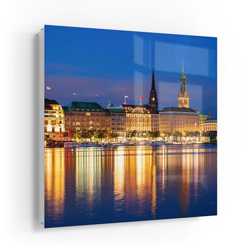 DEQORI Schlüsselkasten weiß | 30x30 cm | Motiv Hamburg bei Nacht | Glas & Metall Schlüssel-Box | Schlüsselschrank mit 50 Haken + 2 Magnete | Moderne Design Box magnetisch & beschreibbar von DEQORI